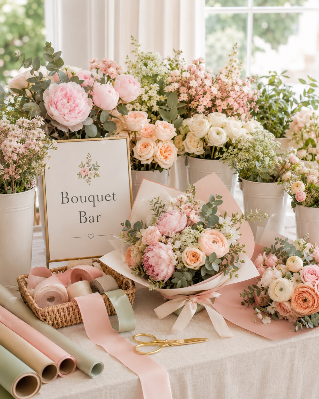 Bouquet bar with buckets of blooms, ribbon spools and wrapping paper