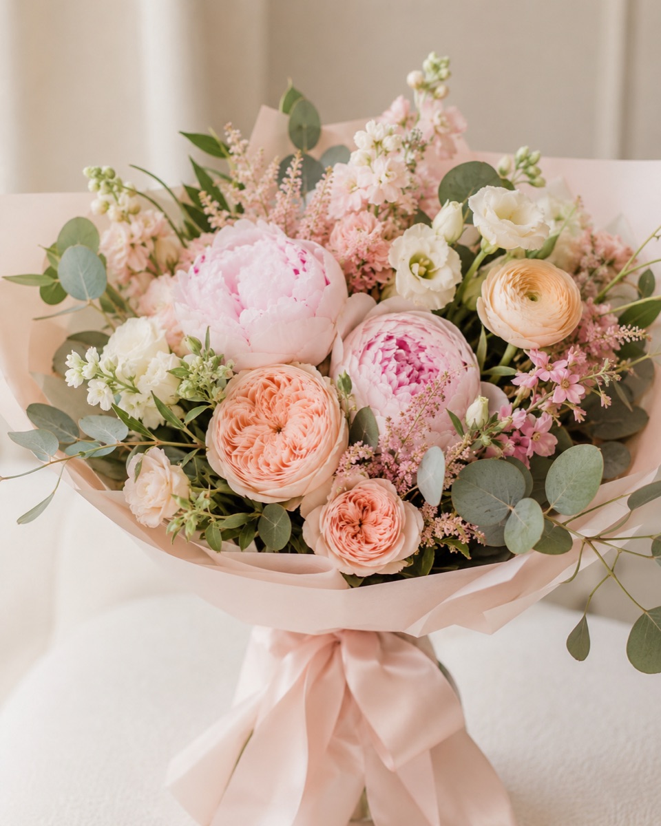 Blush bouquet wrapped in pink ribbon
