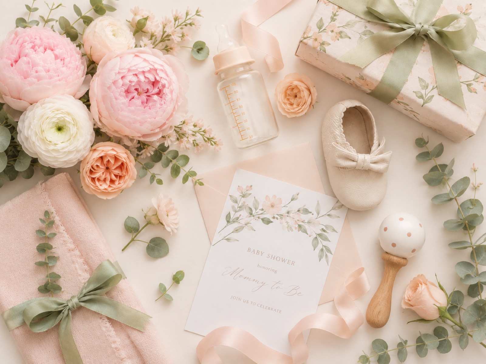 Blush flat lay with peonies, ranunculus and baby shoes